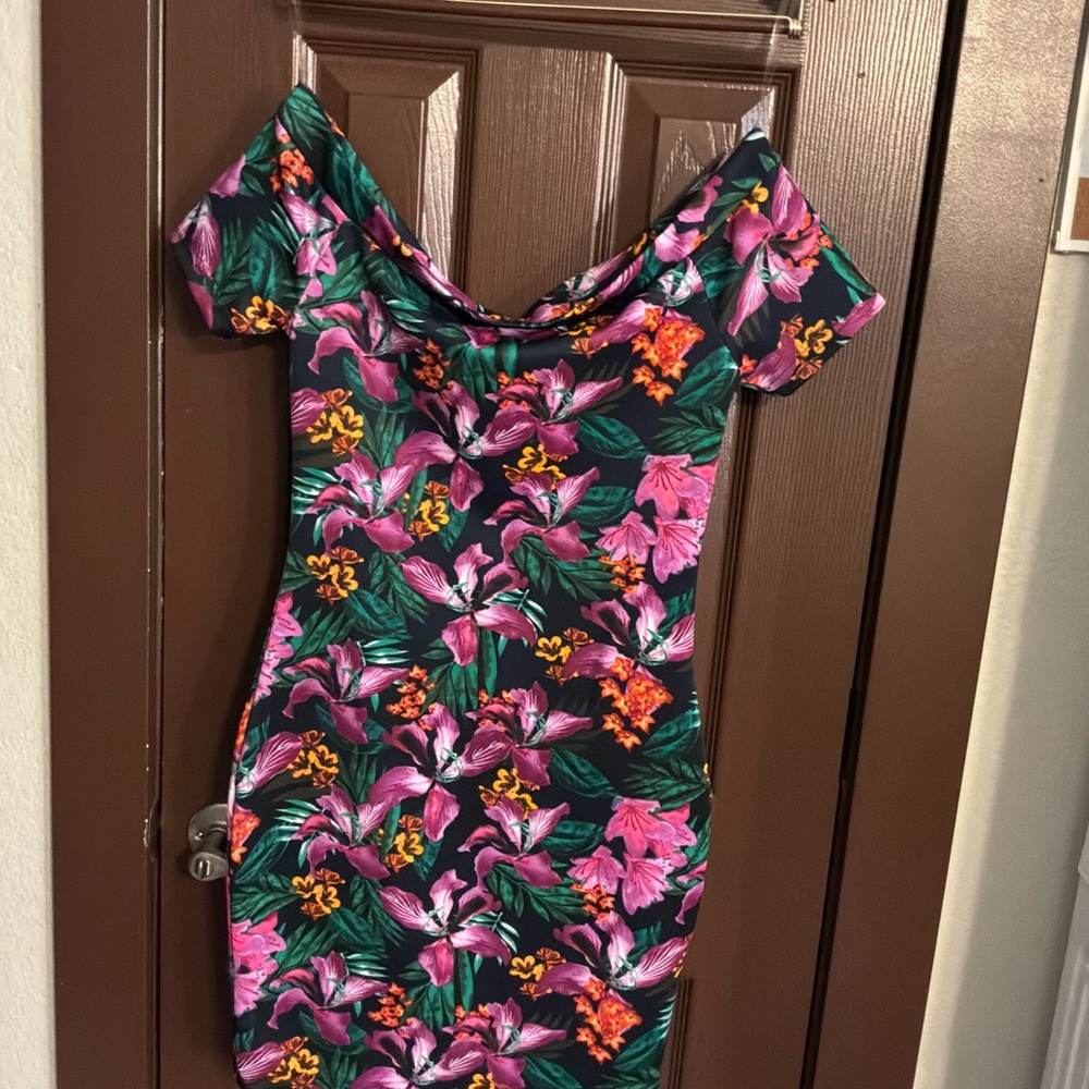 UK2LA One-Shoulder Floral Bodycon Dress in Black, Pink & Green